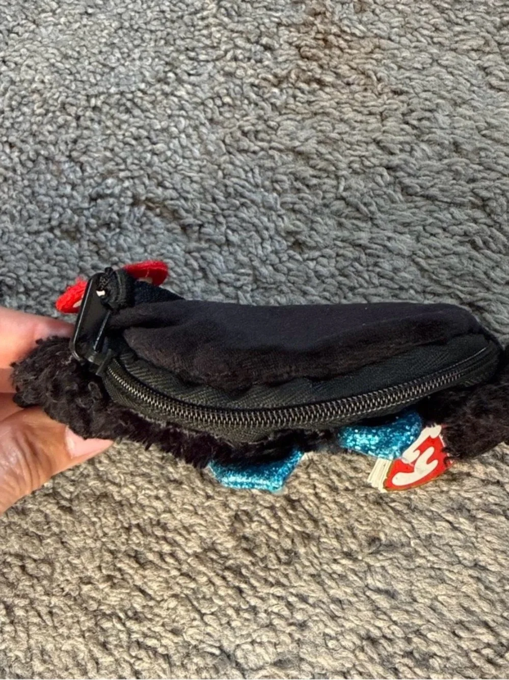 ✅Ty Black & White Plush Dog Wristlet Purse with Teal Glitter Bow and Eye Accents